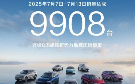 连续 8 周位列新势力品牌 Top1：鸿蒙智行 2025 年 7 月 7 日 - 7 月 13 日销量 9908 台