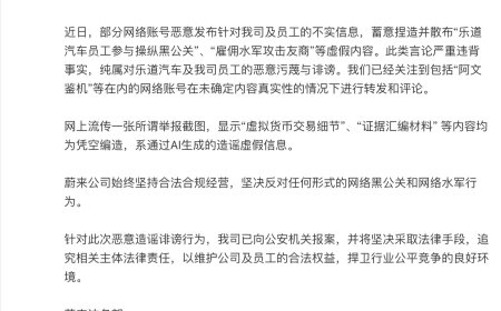 蔚来法务部：有网络账号恶意发布针对公司及员工的不实信息，已向公安机关报案