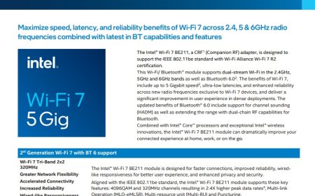 英特尔发布第二代 Wi-Fi 7 无线网卡 BE211（5Gig），支持蓝牙 6.0