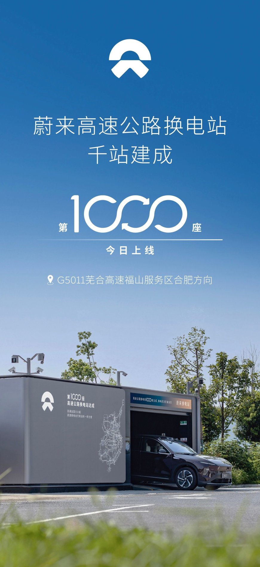 蔚来汽车高速 1000 站今日建成，完成全国主要城市间高速公路换电网络建设