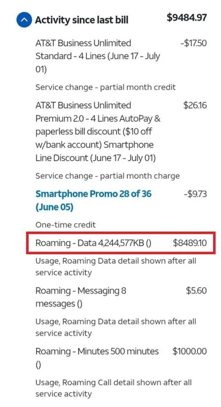 美国一 AT&T 用户收到天价账单:只用 4GB 漫游流量就被收 8500 美元