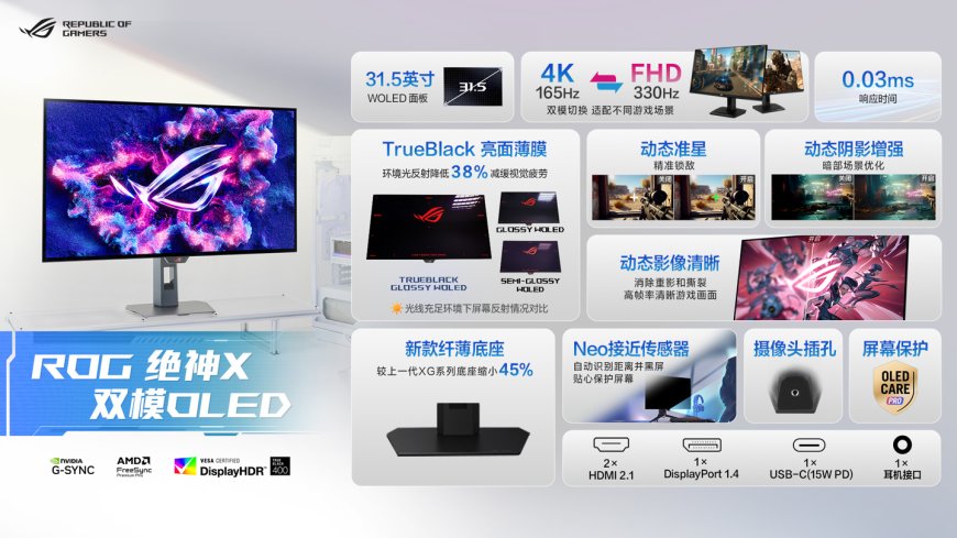 华硕 OLED 显示器 ROG 绝神 X 本月 18 日开售:2160p165Hz / 1080p330Hz