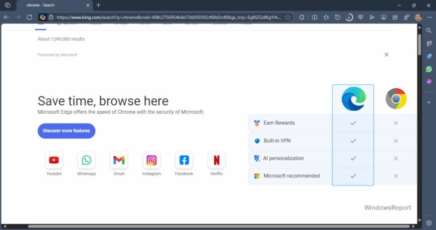 微软探索留住 Edge 用户新策略：Bing 搜索 Chrome 跳横幅，显示 4 大优势