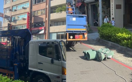 高雄大貨車「爆頭」紅綠燈！吊臂忘收釀禍　燈桿歪腰慘狀曝