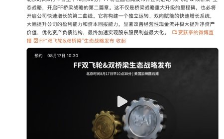 贾跃亭：法拉第未来“FF 双飞轮 & 双桥梁战略发布会”8 月 17 日举行，构建双向赋能系统改善现金流实现股东股民利益最大化