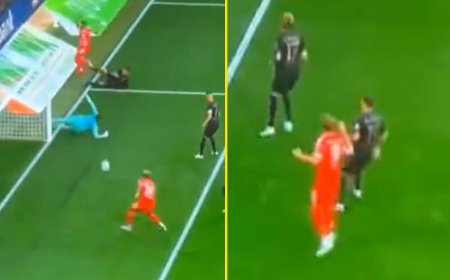 Bayern Munich hero Harry Kane looks shocked as Luis Diaz somehow fails to score from two yards out