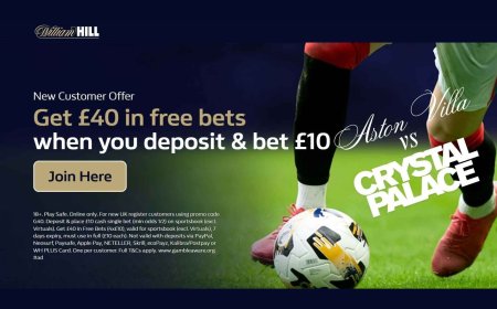 Get £40 in free bets with William Hill on Aston Villa v Crystal Palace