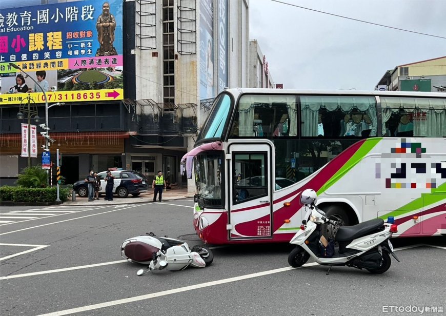 紅燈還闖！高雄25歲女騎士煞不住撞左轉遊覽車　摔車畫面曝