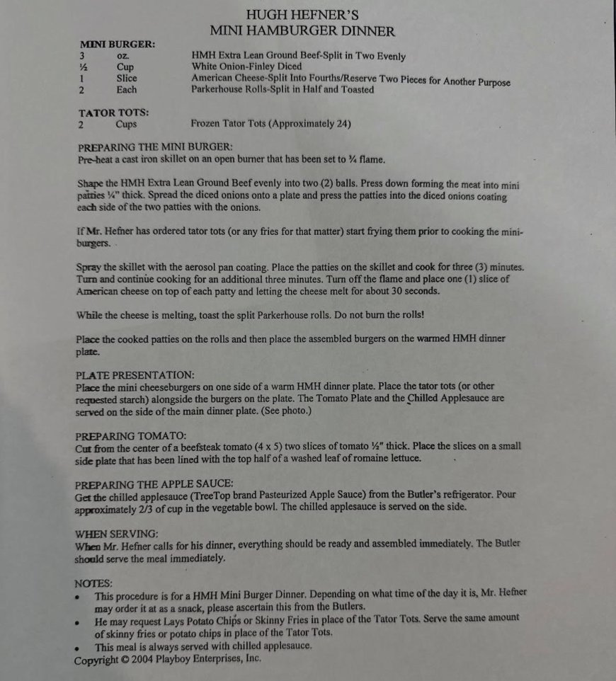 Marston Hefner Shares Dad’s Ultra Specific Cheeseburger Menu