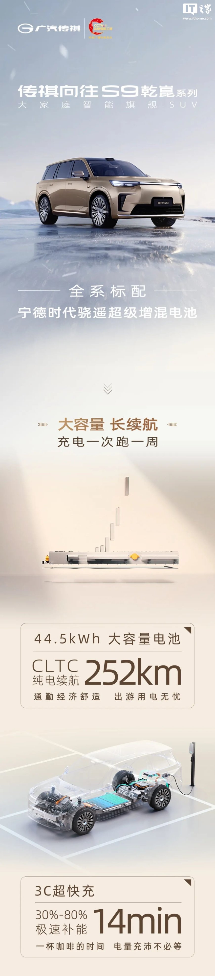 华为乾崑智驾加持：广汽传祺向往 S9 汽车全系标配宁德时代骁遥超级增混电池，CLTC 纯电续航 252km