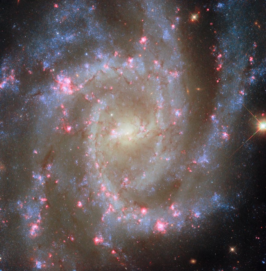哈勃再秀宇宙美景:3500 万光年外螺旋星系粉色星云“绽放”