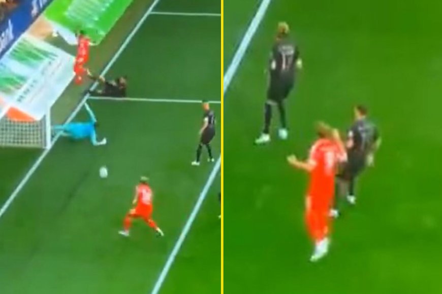 Bayern Munich hero Harry Kane looks shocked as Luis Diaz somehow fails to score from two yards out