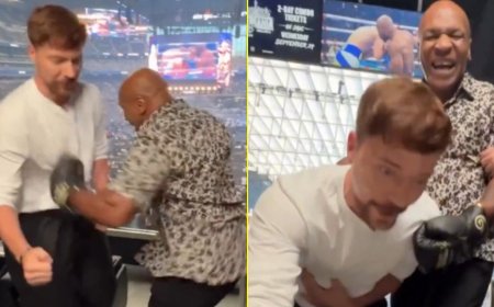 Mike Tyson leaves MrBeast doubled over in pain with huge punch at Canelo Alvarez vs Terence Crawford event