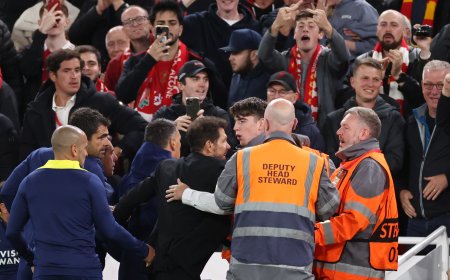 Fuming Diego Simeone held back by security as he clashes with Liverpool fans