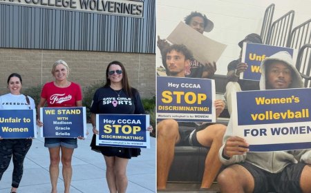 College women's volleyball game featuring trans athlete draws crowd of protesters in California