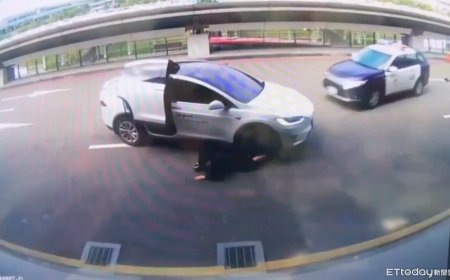 新角度畫面曝！特斯拉桃機拒檢衝撞員警遭開槍　女乘客卡鷗翼門