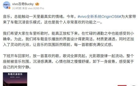 vivo OriginOS 6 系统新增车载沉浸音乐模式：支持全屏亮起、光影跟旋律一起流动