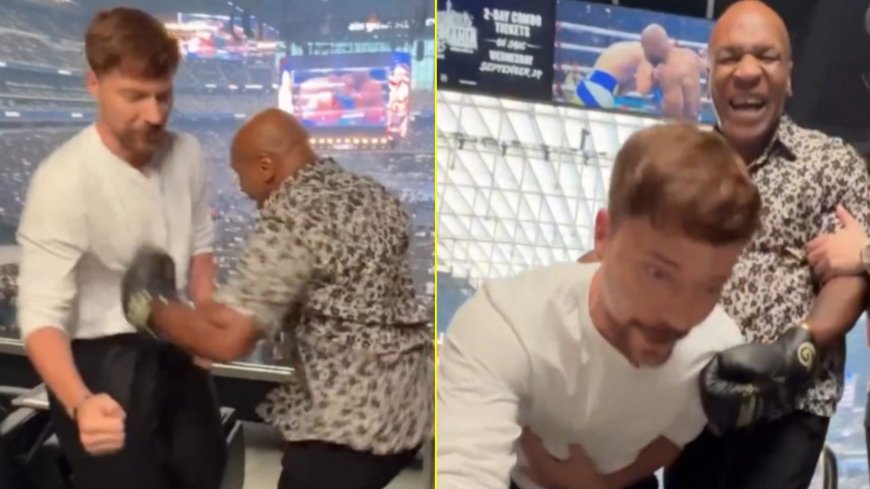 Mike Tyson leaves MrBeast doubled over in pain with huge punch at Canelo Alvarez vs Terence Crawford event