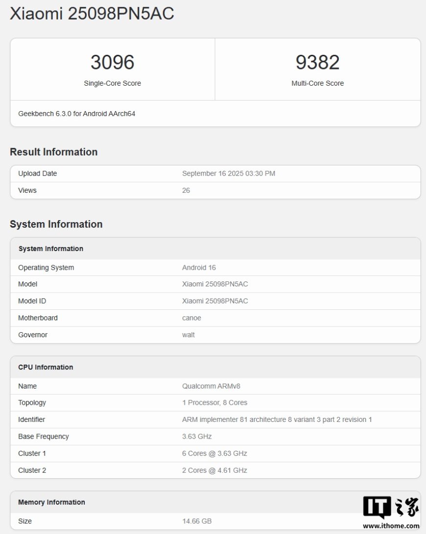 小米 17 Pro 现身 Geekbench:首发搭载高通骁龙 8 Elite Gen 5、安卓 16 系统