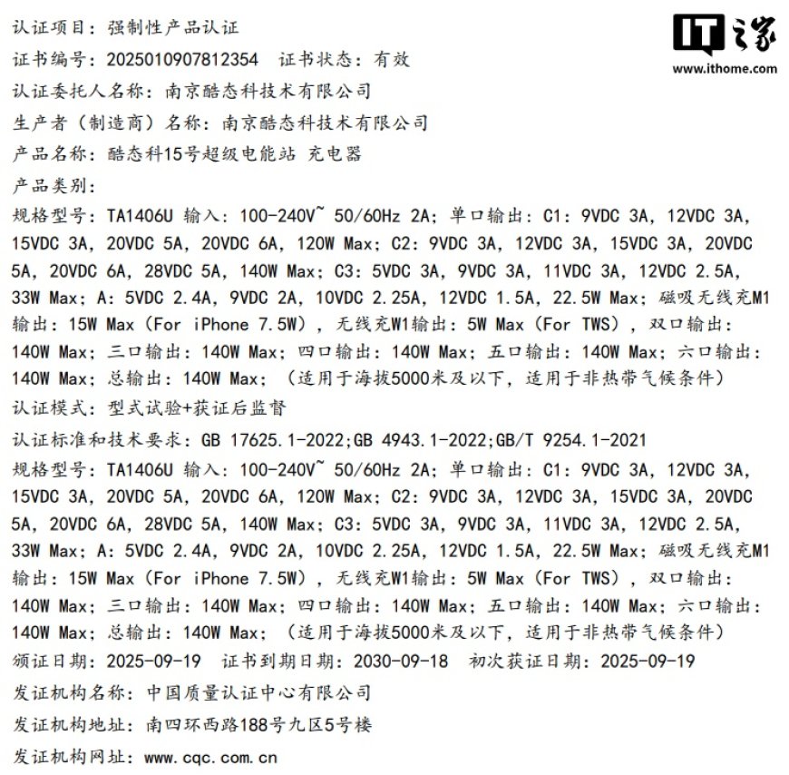 140W 酷态科 15 号超级电能站通过 3C 认证:支持 15W 磁吸无线充,苹果 iPhone 手机 7.5W