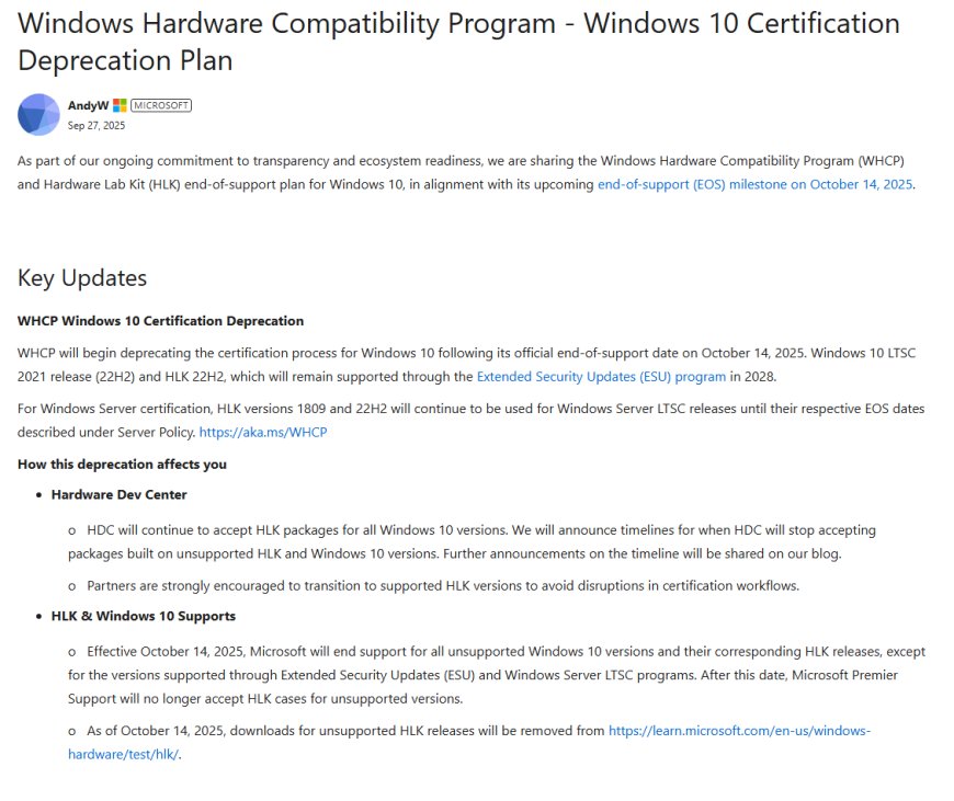 微软公布 Win10 WHCP 与 HLK 废止计划,建议厂商迁移至受支持版本