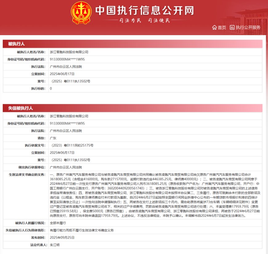 零跑汽车关联公司拖欠 361 万元成失信被执行人,创始人朱江明被限消