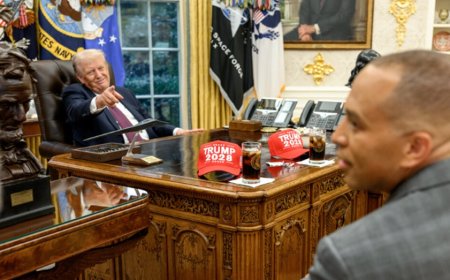 Trump taunts Democrat leaders with ‘Trump 2028’ hats in Oval Office as shutdown approaches
