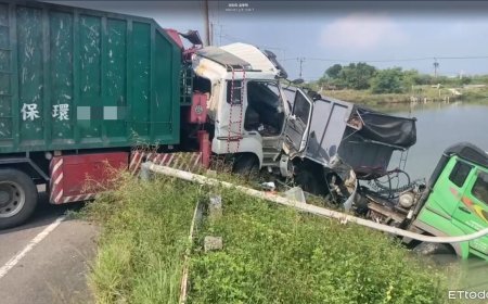 快訊／台南2大貨車相撞衝進魚塭　72歲駕駛身亡...現場慘況曝