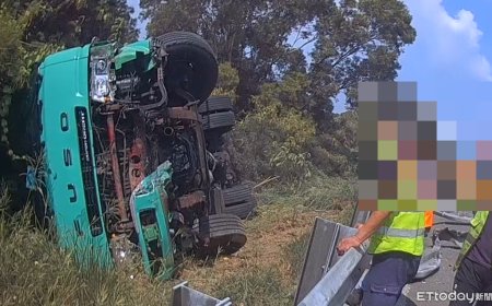 國1民雄段大貨車失控撞護欄！側翻躺邊坡草叢　57歲男送醫