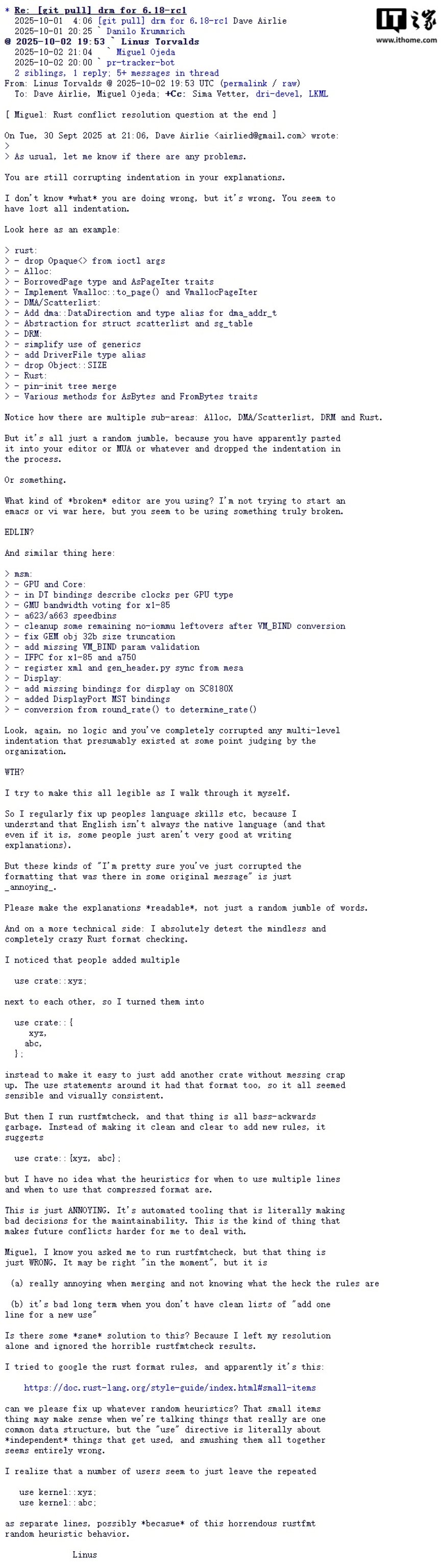 Linux 创始人 Linus Torvalds 怒斥 Rust 代码排版混乱,强烈反对 RISC-V Big Endian 计划