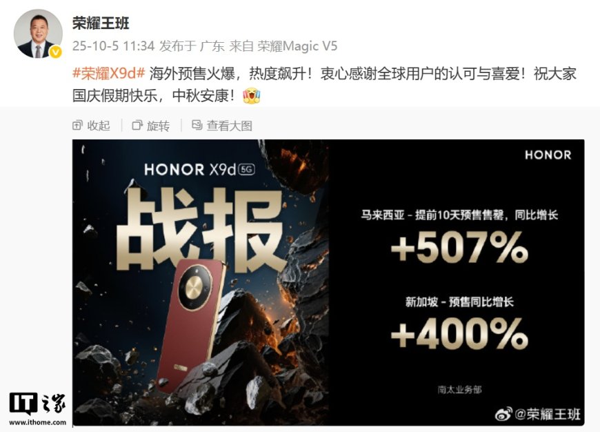 荣耀 X9d 手机海外预售成绩公布:马来西亚市场同比增长 507%、新加坡同比增长 400%