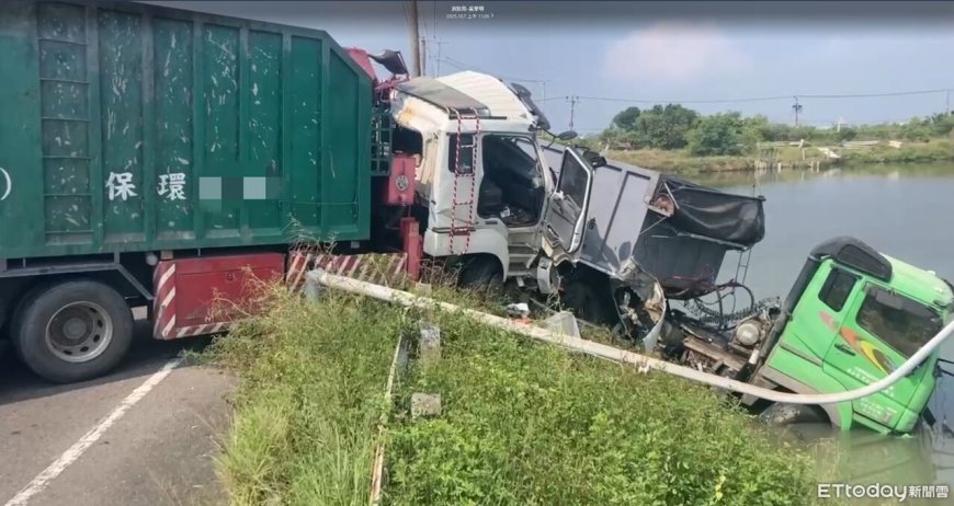 快訊／台南2大貨車相撞衝進魚塭　72歲駕駛身亡...現場慘況曝
