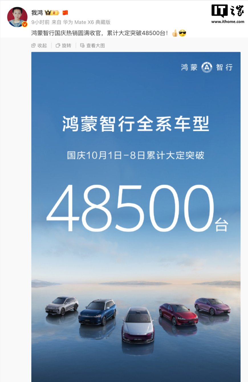 2025 国庆假期收官,鸿蒙智行全系车型 10 月 1 日-8 日大定突破 48500 台