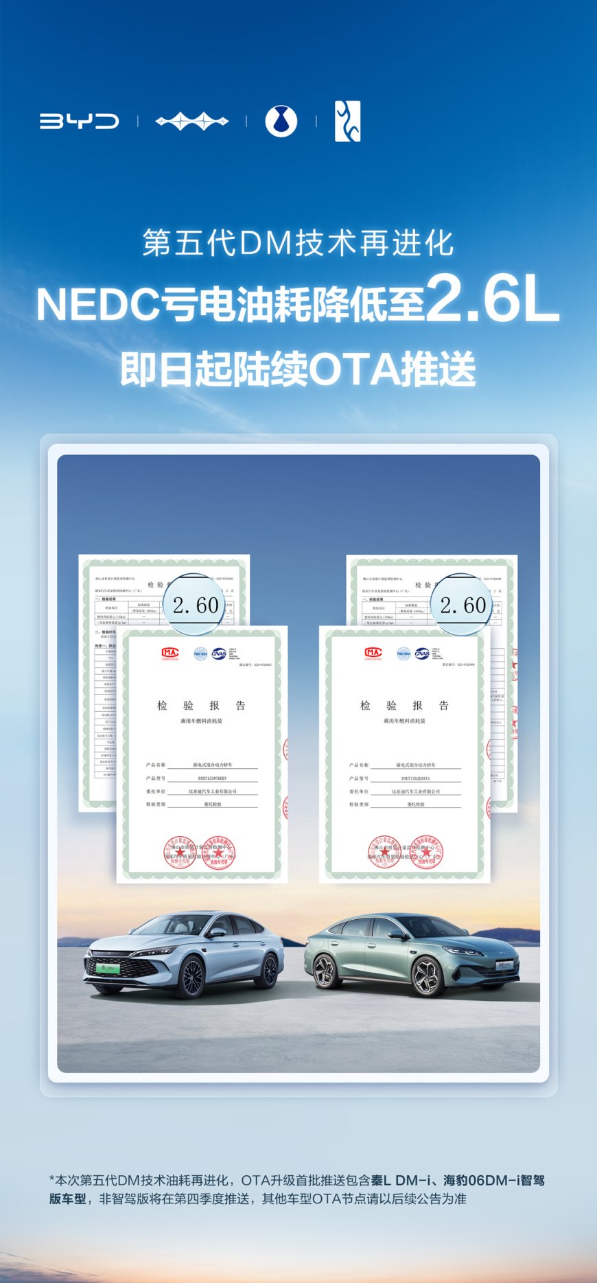 比亚迪:即日起秦 L / 海豹 06 DM-i 智驾版开启 OTA 升级,百公里亏电油耗 2.6L