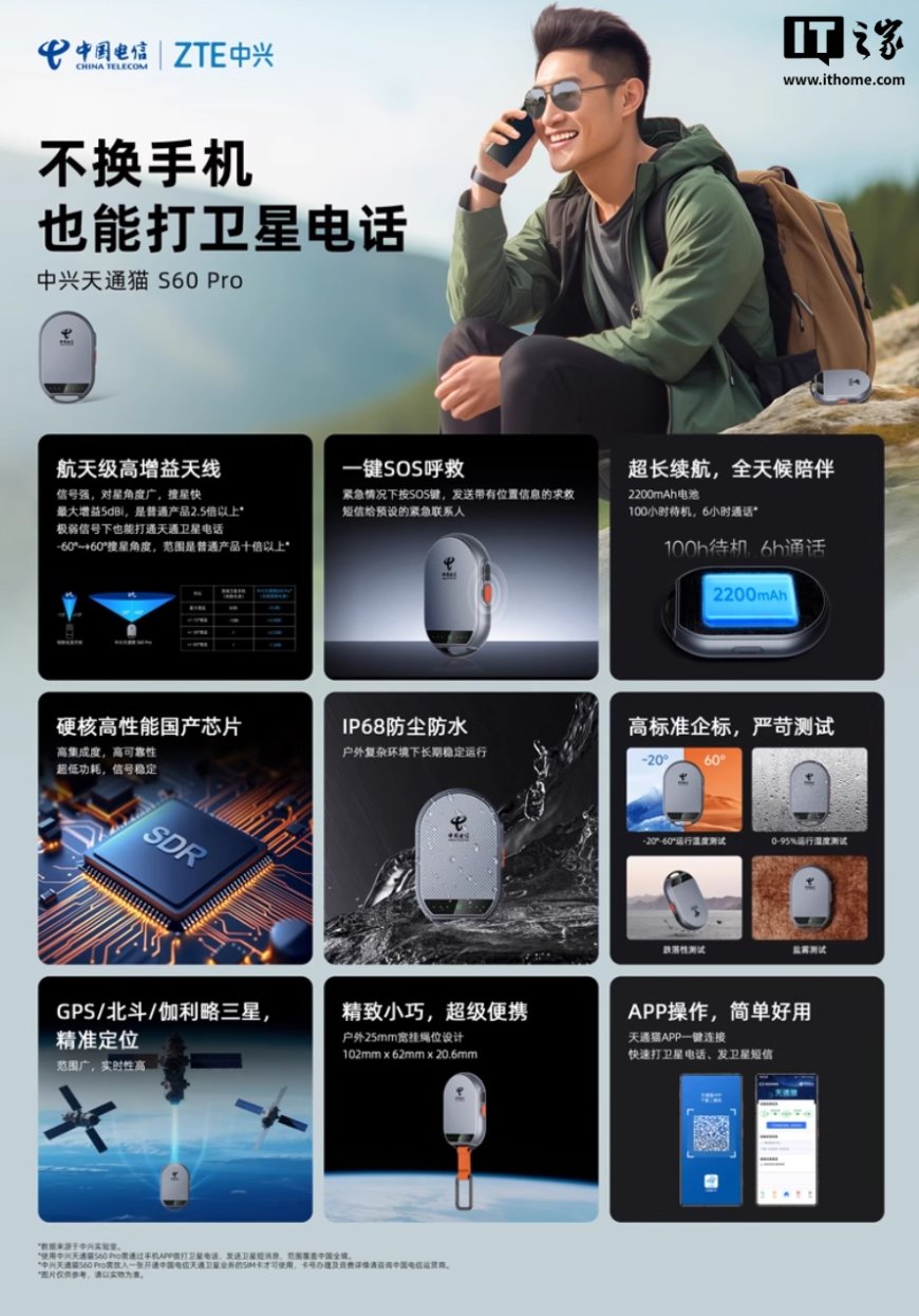 普通手机变身天通卫星通话终端:中兴天通猫 S60 Pro 开售,券后价 1249 元