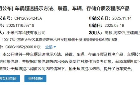 小米汽车公布车辆超速提示专利