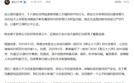 《燕云十六声》游戏官方：网易法务联合公安成功破获一起外挂案件，具备加速、减伤、秒杀等功能