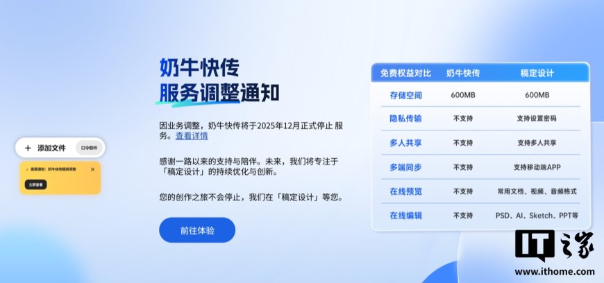 奶牛快传 12 月 8 日正式停止服务，未来团队将专注于升级 / 创新“稿定设计”