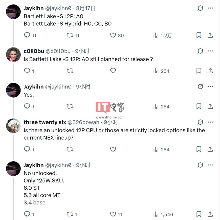 曝英特尔仍将推出纯 P 核版 "Bartlett Lake S" 处理器，旗舰款单核 6.0GHz