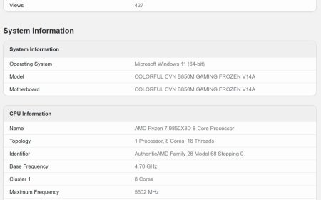 AMD 锐龙 7 9850X3D 处理器跑分曝光：8 核 Zen 5 架构、频率冲上 5.6 GHz