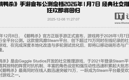 《鹅鸭杀》手游国服公测定档 2026 年 1 月 7 日，金山世游运营