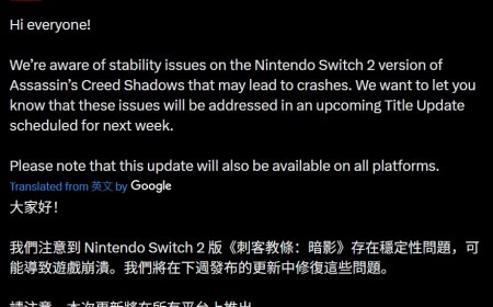 育碧承认 Switch 2 版《刺客信条：影》游戏存在稳定性问题，下周修复