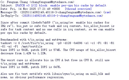 Linux 6.19 默认启用 Per-CPU BIO 缓存：文件系统性能提升 2%，字节跳动工程师主导