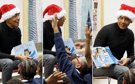 Obama surprises Chicago students in Santa hat for holiday library story time reading session