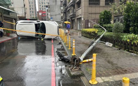 喝到早上才休息...中午酒駕開車買早餐　休旅鏟斷路燈翻車畫面曝