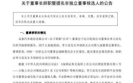 众泰汽车宣布董事长李立忠辞职 仅上任两个月