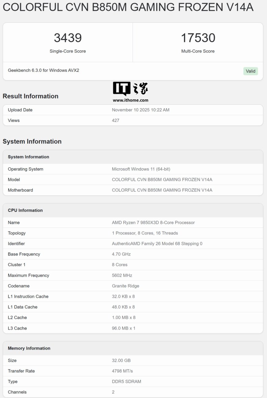 AMD 锐龙 7 9850X3D 处理器跑分曝光：8 核 Zen 5 架构、频率冲上 5.6 GHz