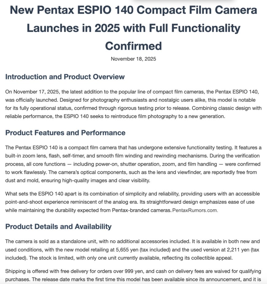“胶片复兴”计划第二块拼图？消息称宾得即将推出复刻版 ESPIO 140 傻瓜相机