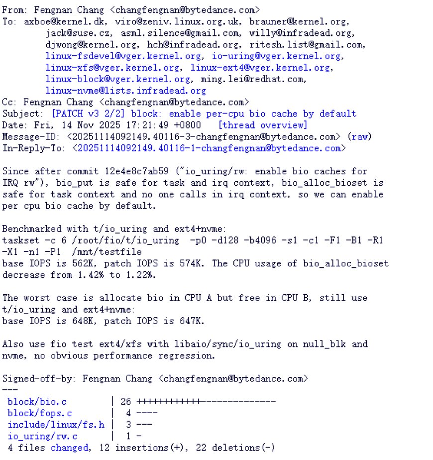 Linux 6.19 默认启用 Per-CPU BIO 缓存：文件系统性能提升 2%，字节跳动工程师主导