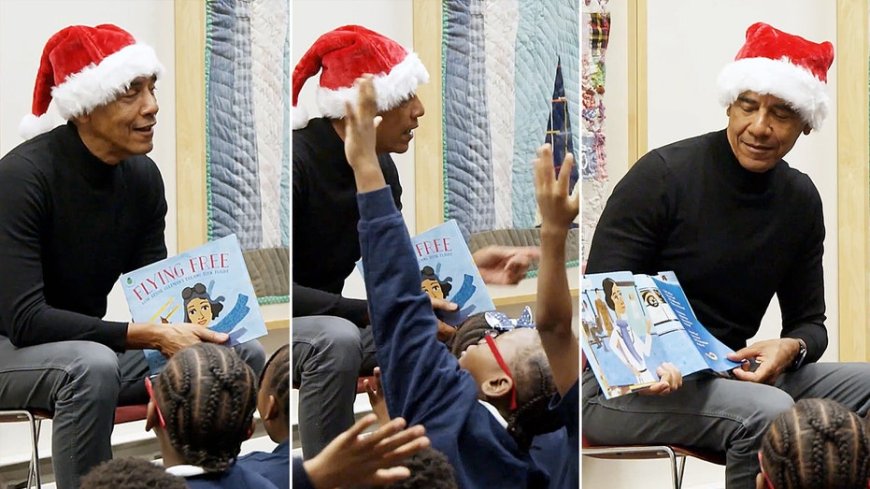 Obama surprises Chicago students in Santa hat for holiday library story time reading session